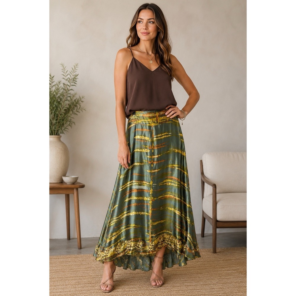 Soft Surroundings Maxi Skirt Small 100% Silk Satin Hippie Beaded Boho Y2K